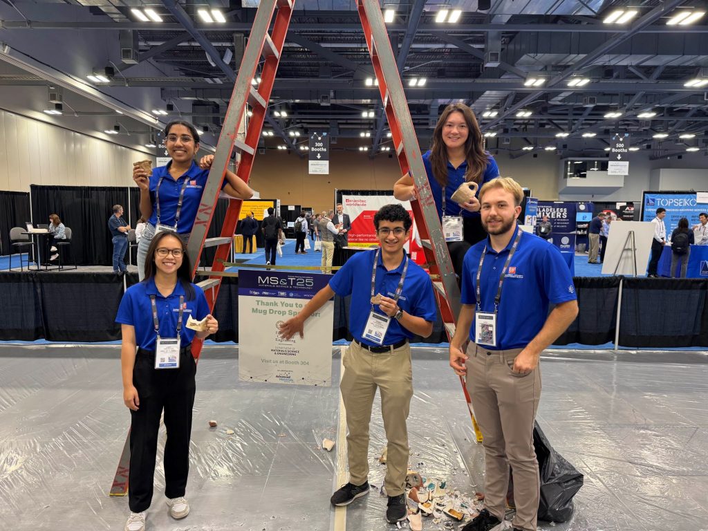 UF’s Ceramic Mug Drop design team is shown with their shattered mug at the competition in Columbus, Ohio. Clockwise from top left: Prisha Sherdiwala, Brooke Lastinger, Alexander Johnstone, Robbie Wardlow and Linda Nguyen