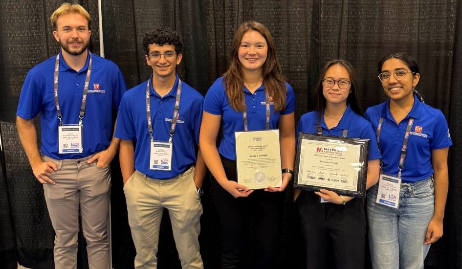 UF’s Ceramic Mug Drop design team at the competition in Columbus, Ohio. From left: Alexander Johnstone,  Robbie Wardlow, Brooke Lastinger, Linda Nguyen, and Prisha Sherdiwala.